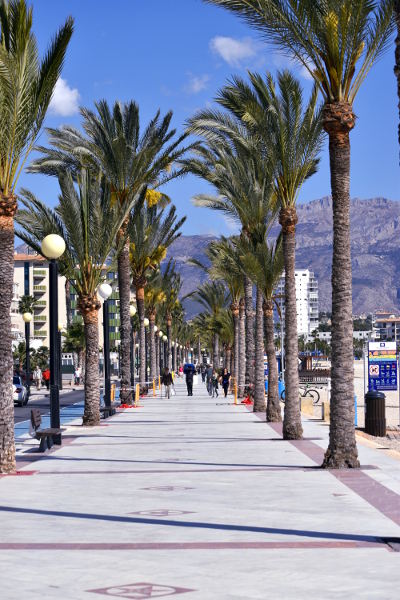 boulevard, langs de kust van Albir, palmbomenm mensen, strand, bergen